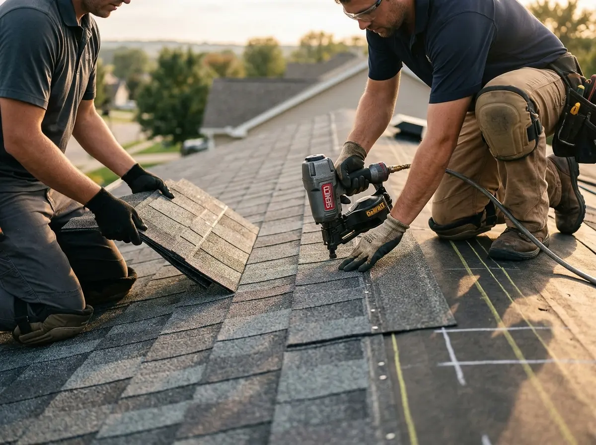 Professional roofer working on a residential roof in Lorton